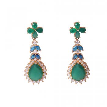 Nickel-Free Gold Plated CZ and Green Onyx Stone Seated Designer Earrings. 